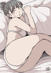 Rule 34 | 1girl, :o, ass, black hair, bra, breasts, brown eyes, crossed legs, dated, feet out of frame, hadashi no kenji, hair bun, highres, looking at viewer, lying, hugging object, on bed, on side, original, panties, pillow, pillow hug, short hair, single hair bun, small breasts, solo, thighs, underwear, white bra, white panties