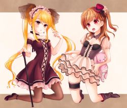 Rule 34 | 2girls, amari akari, anklet, bare shoulders, blonde hair, breasts, brown eyes, brown hair, cane, center frills, corset, cross-laced clothes, dress, earrings, frilled skirt, frills, full body, girlfriend (kari), hat, ixym, jewelry, kneeling, maid headdress, mini hat, mini top hat, multiple girls, nail polish, open mouth, pantyhose, puffy short sleeves, puffy sleeves, red dress, red eyes, see-through, short sleeves, side ponytail, simple background, skirt, small breasts, stuffed animal, stuffed toy, tokitani koruri, tongue, tongue out, top hat, twintails