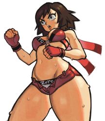 Rule 34 | 1girl, bra, breasts, brown eyes, brown hair, choker, clenched hands, clothes writing, commentary, cowboy shot, eduedude, english commentary, english text, exhausted, fighting stance, fingerless gloves, from below, gloves, highres, hinomoto reiko, lips, medium breasts, midriff, navel, open fly, panties, parted lips, red bra, red ribbon, ribbon, rumble roses, short hair, short shorts, shorts, simple background, sweat, thick thighs, thighs, unbuttoned, underwear, unzipped, v-shaped eyebrows, very sweaty, white background, white panties, wrestling outfit