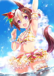 Rule 34 | 1girl, animal ears, arm up, armpits, bikini, blue sky, blurry, blurry background, breasts, brown hair, cloud, commentary request, day, depth of field, gluteal fold, hair ornament, hairclip, highres, horse ears, horse girl, horse tail, multicolored hair, navel, official alternate costume, outdoors, plaid, plaid bikini, porurin, sky, small breasts, solo, special week (hopping vitamin heart) (umamusume), special week (umamusume), standing, swimsuit, tail, two-tone hair, umamusume, water, white bikini, white hair