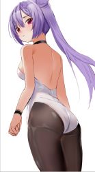Rule 34 | 1girl, arms at sides, ass, backless leotard, bad id, bad pixiv id, bare shoulders, black choker, blush, choker, cone hair bun, genshin impact, hair bun, keqing (genshin impact), leotard, long hair, looking at viewer, looking back, lyk wuyan, pantyhose, purple eyes, purple hair, simple background, solo, white background, white leotard