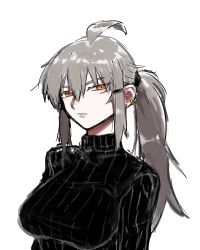 Rule 34 | 1girl, agtt25333, alternate hairstyle, black sweater, breasts, earrings, scar on face, gangut (kancolle), grey hair, hair between eyes, hair ribbon, highres, jewelry, kantai collection, large breasts, long hair, looking at viewer, orange eyes, ponytail, ribbon, scar, scar on cheek, scar on face, simple background, sweater, white background