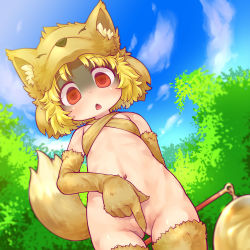 Rule 34 | 1girl, absurdres, animal hat, arm behind back, bell, blonde hair, blue sky, blush, cloud, commentary request, commission, covering privates, covering crotch, cowboy shot, day, fang, flat chest, fox girl, fox hat, fox tail, halterneck, hat, highres, holding, holding staff, looking at viewer, looking down, moonlight flower, navel, open mouth, outdoors, paid reward available, ragnarok online, red eyes, sakurabe notos, second-party source, shaded face, short hair, skeb commission, skin fang, sky, solo, staff, tail, tree