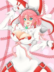 Rule 34 | 1girl, ahoge, aqua eyes, arc system works, breasts, bridal veil, cleavage, clover, dress, earrings, elphelt valentine, female focus, four-leaf clover, gloves, guilty gear, guilty gear xrd, jewelry, large breasts, looking at viewer, open mouth, pink hair, ribbon, ryo (botugo), shiny skin, short hair, smile, solo, spikes, veil, wedding dress, white dress