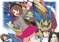 Rule 34 | 2girls, absurdres, alternate color, backpack, bad id, bad pixiv id, bag, blush, brown bag, brown eyes, brown hair, buttons, cable knit, cardigan, clenched hands, closed eyes, commentary request, creatures (company), dress, dynamax band, eyelashes, game freak, gen 8 pokemon, gloria (pokemon), green headwear, grey cardigan, hat, heart, highres, legendary pokemon, marnie (pokemon), morpeko, morpeko (full), multiple girls, nintendo, open mouth, pink dress, pokemon, pokemon (creature), pokemon masters ex, pokemon swsh, saon101, short hair, smile, tam o&#039; shanter, teeth, tongue, zacian, zacian (crowned), zacian (hero)