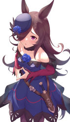Rule 34 | 1girl, :o, absurdres, animal ears, bare shoulders, blue dress, blue hat, blush, breasts, brown hair, cocoablue23, collarbone, dress, flower, hair over one eye, hat, highres, horse ears, horse girl, long hair, looking at viewer, medium breasts, pink eyes, purple hat, rice shower (umamusume), rose, simple background, solo, umamusume, white background