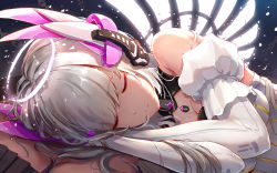 Rule 34 | 1girl, bare shoulders, breasts, catxuan, cleavage, closed eyes, detached sleeves, halo, headpiece, highres, liv: luminance (punishing: gray raven), liv (punishing: gray raven), lying, on side, punishing: gray raven, silver hair, sleeping, smile, solo, wings