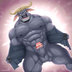 Rule 34 | 1boy, abs, bara, chief bogo, erection, furry, furry male, highres, horns, male focus, muscular, naruever, pectorals, penis, solo, undressing, zootopia