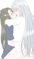 Rule 34 | 10s, 2girls, ass, ass grab, bad id, bad pixiv id, blush, bottomless, closed eyes, female focus, french kiss, hair ribbon, hair rings, hug, hug from behind, kantai collection, kiss, multiple girls, no headwear, ribbon, shoukaku (kancolle), silver hair, simple background, sweat, tears, twintails, udon (shiratama), white background, yuri, zuikaku (kancolle)