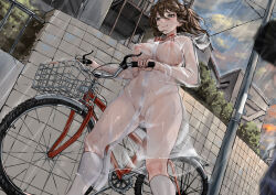 Rule 34 | 1girl, aoi sakura (seak5545), bicycle, blush, bow, bowtie, breasts, brown eyes, cleft of venus, commentary request, cowboy shot, exhibitionism, female pubic hair, house, large breasts, nude, original, outdoors, pubic hair, public indecency, pussy, raincoat, red bow, see-through, smile, socks, solo, thighs, transparent raincoat, utility pole, variant set, walking, wall