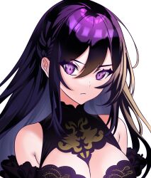 Rule 34 | 1girl, absurdres, armpit crease, bare shoulders, braid, breasts, canyoudabbro, cleavage, dress, frown, goth fashion, highres, large breasts, long hair, looking at viewer, original, purple dress, purple eyes, purple hair, serious, sidelocks, solo, transparent background