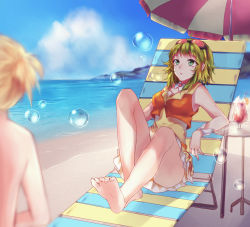 Rule 34 | 1boy, 1girl, :o, ahoge, armpits, bad id, bad pixiv id, bare back, bare legs, barefoot, beach, beach umbrella, blonde hair, blouse, blue sky, blurry, bubble, chair, cloud, cocktail, collar, collared shirt, cup, day, deck chair, depth of field, drink, drinking glass, drinking straw, elbow gloves, frilled skirt, frills, glass, gloves, goggles, goggles on head, green eyes, green hair, gumi, highres, horizon, hurricane glass, kagamine len, knees up, lounge chair, lying, miniskirt, ocean, on back, orange panties, orange skirt, orange vest, outdoors, panties, pantyshot, parted lips, ponytail, qingshui ai, reclining, sand, shirt, short hair, sitting, skirt, sky, sleeveless, sleeveless shirt, soap bubbles, soles, solo focus, table, topless male, umbrella, underwear, vest, vocaloid, water, wrist cuffs, yellow shirt