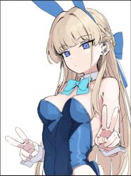 Rule 34 | 1girl, animal ears, blonde hair, blue archive, blue bow, blue bowtie, blue eyes, blue hair, blue leotard, bow, bowtie, braid, breasts, closed mouth, detached collar, double v, fake animal ears, leotard, long hair, medium breasts, multicolored hair, official alternate costume, rabbit ears, seramikku, simple background, solo, strapless, strapless leotard, streaked hair, toki (blue archive), toki (bunny) (blue archive), upper body, v, white background, wrist cuffs