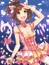 Rule 34 | 1girl, animal ears, arm up, armpits, bare shoulders, blush, bow, bracelet, breasts, brown hair, cat ears, cat tail, choker, cleavage, collarbone, confetti, dress, fake animal ears, fake tail, fang, frilled dress, frills, glowstick, green eyes, hair ornament, hair ribbon, heart, heart choker, highres, holding, holding microphone, idolmaster, idolmaster cinderella girls, idolmaster cinderella girls starlight stage, jewelry, large breasts, layered dress, looking up, maekawa miku, microphone, open mouth, pink choker, pink dress, ponytail, ribbon, short hair, smile, solo, tail, thighhighs, tori ririisu, white thighhighs, wristband, zettai ryouiki