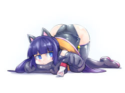 Rule 34 | 1girl, akeikou, animal ears, ass, cat ears, closed mouth, commentary, elbow gloves, full body, gloves, long hair, medarot, medarot 8, patsura (medarot), simple background, solo, thighhighs, twintails, white background