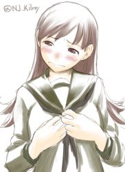 Rule 34 | 10s, 1girl, blush, brown eyes, brown hair, frown, kantai collection, long hair, long sleeves, looking away, looking to the side, nujima, ooi (kancolle), school uniform, serafuku, simple background, solo, tearing up, tears, twitter username, white background