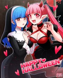 Rule 34 | 2020, 2girls, alukubero, blue hair, breasts, brown eyes, cleavage, costume, cross, dated, demon horns, demon wings, dress, fake horns, fang, female focus, fire emblem, fire emblem: three houses, hair down, halloween, halloween costume, happy halloween, heart, hilda valentine goneril, holding, horns, large breasts, long hair, long sleeves, marianne von edmund, matching hair/eyes, multiple girls, nail polish, nintendo, nun, open mouth, pink eyes, pink hair, pointy ears, puffy sleeves, thighhighs, twintails, wings
