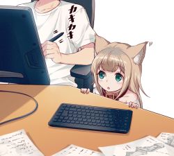 Rule 34 | 1boy, 1girl, 40hara, animal ear fluff, animal ears, aqua eyes, blonde hair, blouse, cat ears, cat girl, collar, commentary request, drawing tablet, head out of frame, holding, holding stylus, keyboard (computer), kinako (40hara), long hair, original, shirt, short sleeves, sitting, stylus, white background, white shirt