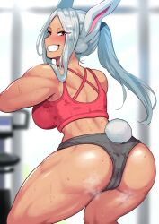 Rule 34 | 1girl, absurdres, animal ears, ass, back, bare shoulders, blurry, blurry background, blush, boku no hero academia, breasts, buruma, cameltoe, cleft of venus, clothing cutout, dark-skinned female, dark skin, exercising, from behind, grey buruma, grin, hair over shoulder, harurukan, highres, large breasts, long eyelashes, long hair, looking at viewer, looking back, median furrow, mirko, parted bangs, ponytail, rabbit ears, rabbit girl, rabbit tail, red eyes, red sports bra, smile, solo, sports bra, squatting, steaming body, sweat, sweaty clothes, tail, tail through clothes, teeth, thick thighs, thighs, toned, white hair