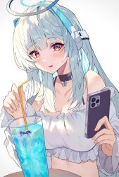 Rule 34 | 1girl, absurdres, alternate eye color, bikini, blue archive, blush, breasts, cellphone, cleavage, collarbone, cup, drink, drinking glass, drinking straw, grey hair, halo, highres, holding, holding phone, josal, large breasts, long hair, mechanical halo, noa (blue archive), open mouth, phone, simple background, smartphone, solo, swimsuit, upper body, white background, white bikini, yellow eyes