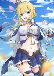 Rule 34 | 1girl, anchor, azur lane, blonde hair, blue eyes, blue sky, braid, breasts, capelet, collarbone, commentary request, cowboy shot, day, french braid, gloves, hair between eyes, headgear, highres, hoshimiya mashiro, large breasts, long hair, looking at viewer, navel, petals, pleated skirt, renown (azur lane), scepter, skirt, sky, solo, thighhighs, white gloves, wind, zettai ryouiki
