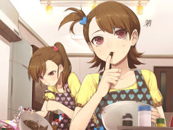 Rule 34 | 2girls, apron, bowl, brown eyes, brown hair, chocolate, finger to mouth, flipped hair, futami ami, futami mami, hair ornament, heart, heart hair ornament, heart print, hitoto, idolmaster, idolmaster (classic), long hair, md5 mismatch, mixing bowl, multiple girls, short hair, siblings, side ponytail, sisters, skull, squiggle, sweat, symbol-shaped pupils, tasting, twins, whisk