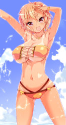 Rule 34 | 1girl, armpits, arms up, bikini, bikini tan, blonde hair, blush, bracelet, breasts, cafe-chan to break time, cleavage, day, female focus, front-tie bikini top, front-tie top, gradient background, hand on own head, highres, jewelry, large breasts, looking at viewer, navel, necklace, one-piece tan, open mouth, original, personification, porurin (do-desho), red eyes, short hair, smile, solo, swimsuit, tan, tanline, tea (cafe-chan to break time), wet, yellow bikini