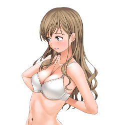 Rule 34 | 00s, 1girl, a1 (initial-g), absurdres, adjusting bra, adjusting clothes, between breasts, blue eyes, blush, bra, breasts, brown hair, cleavage, collarbone, highres, jewelry, lingerie, long hair, maria-sama ga miteru, navel, necklace, simple background, solo, source request, toudou shimako, underwear, undressing, upper body