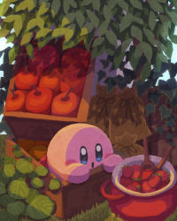 Rule 34 | :o, apple, bag, bush, crate, food, fruit, grass, highres, kirby, kirby (series), miclot, nintendo, no humans, open mouth, orange (fruit), solo, strawberry, wooden spoon