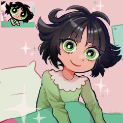 Rule 34 | 1girl, artist name, black hair, buttercup (ppg), buttercup redraw challenge (meme), derivative work, green eyes, green pajamas, highres, kobarukoblue, long sleeves, looking at viewer, meme, messy hair, pajamas, pillow, powerpuff girls, reference inset, screenshot inset, screenshot redraw, solo, sparkle, under covers, upper body