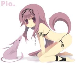 Rule 34 | 1girl, arm ribbon, barefoot, bikini, blush, broken, broken chain, chain, chain leash, colored lineart, dragon, expressionless, from side, full body, hair flaps, hair ribbon, kneeling, leaning forward, leash, leg ribbon, long hair, looking at viewer, original, purple eyes, purple hair, ribbon, side-tie bikini bottom, simple background, solo, swimsuit, tail, very long hair, white background, yuzuki gao