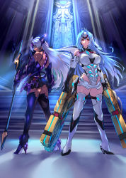 Rule 34 | 2girls, blue hair, boots, breasts, closed mouth, dark-skinned female, dark skin, floating hair, forehead protector, glowing crystal, high heels, highres, holding, holding weapon, indoors, kos-mos, kos-mos re:, large breasts, legs apart, leotard, light blue hair, long hair, looking at viewer, looking back, multiple girls, negresco, red eyes, standing, t-elos, t-elos re:, thigh boots, thighhighs, very long hair, weapon, wind, xenoblade chronicles (series), xenoblade chronicles 2, xenosaga