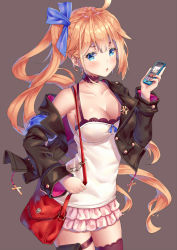 Rule 34 | 1girl, ahoge, armpits, bad id, bad pixiv id, bag, black bra, black jacket, blonde hair, blue bow, blue eyes, blush, bow, bra, bra peek, breasts, cellphone, chain, choker, cleavage, collarbone, cross, dress, fal (girls&#039; frontline), frilled skirt, frills, girls&#039; frontline, heart, heart-shaped pupils, highres, holding, holding bag, holding phone, jacket, large breasts, lingerie, long hair, looking at viewer, off shoulder, open clothes, open mouth, phone, pouch, revealing clothes, ribbon, short dress, side ponytail, sidelocks, simple background, single thighhigh, skindentation, skirt, sleeves rolled up, smartphone, solo, standing, strapless, strapless dress, symbol-shaped pupils, thigh strap, thighhighs, underwear, very long hair, xi zhujia de rbq