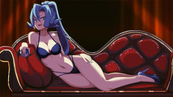 Rule 34 | 1girl, bikini, blue eyes, blue hair, breasts, clair (pokemon), couch, creatures (company), full body, game freak, great ball, hand on own hip, high heels, highres, holding, holding poke ball, large breasts, long hair, looking at viewer, lying, nail polish, navel, nintendo, on side, open mouth, poke ball, pokemon, pokemon hgss, ponytail, solo, swimsuit, vivivoovoo