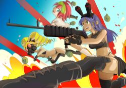Rule 34 | 3girls, absurdres, ass, bikini, blonde hair, blue eyes, blue hair, blue sky, breasts, ch4d85, cleavage, explosive, green eyes, grenade, gun, highres, large breasts, long hair, luluco, medium breasts, multiple girls, muzzle (trigger), red hair, rifle, short hair, sky, sniper rifle, spring (trigger), studio trigger, swimsuit, thick thighs, thighs, trigger-chan, uchuu patrol luluco, weapon