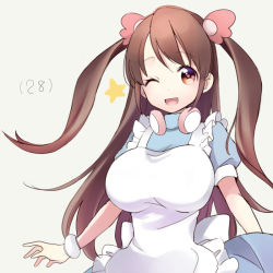 Rule 34 | 1girl, apron, blue dress, bracelet, breasts, brown eyes, brown hair, dress, female focus, hair ornament, headphones, itsumi (itumiyuo), jewelry, large breasts, long hair, looking at viewer, mizuhara hayari, one eye closed, open mouth, saki (manga), simple background, smile, solo, standing, star (symbol), twintails, upper body, white background
