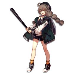 Rule 34 | 1girl, :d, ahoge, arknights, backpack, bag, baggy clothes, baseball bat, belt, black footwear, black hat, black shorts, breasts, brown hair, choker, cuora (arknights), female focus, full body, green eyes, green hair, green jacket, hair between eyes, hat, holding, holding baseball bat, jacket, long hair, looking at viewer, multicolored hair, official art, open clothes, open jacket, open mouth, orange socks, pocket, shoes, shorts, sidelocks, skade, small breasts, smile, sneakers, socks, solo, sports bra, standing, streaked hair, tachi-e, thighs, transparent background, zipper