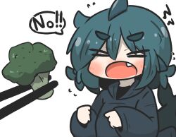 Rule 34 | &gt; &lt;, 1girl, black hoodie, blue hair, blush, broccoli, chopsticks, closed eyes, commentary request, english text, fang, fins, fish tail, flying sweatdrops, fuka-chan, hair between eyes, highres, hood, hood down, hoodie, long sleeves, no, open mouth, original, puffy long sleeves, puffy sleeves, shark tail, short eyebrows, simple background, sleeves past wrists, solo, tail, thick eyebrows, uni souchou, upper body, white background