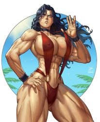 Rule 34 | 1girl, abs, angry, bikini, bird, black hair, blue sky, border, bracelet, breasts, brown eyes, choker, cleavage, highres, jewelry, large breasts, long hair, looking down, mature female, muscular, muscular female, original, palm tree, sgt crisis, sideboob, signature, sky, solo, swimsuit, thick thighs, thighs, tree, white border, xevious art