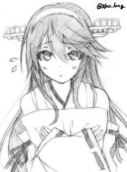 Rule 34 | bare shoulders, black hair, chicken99, detached sleeves, greyscale, hair between eyes, hair ornament, hairclip, haruna (kancolle), headgear, highres, holding, holding pillow, kantai collection, long hair, looking at viewer, monochrome, nontraditional miko, pillow, simple background, solo, twitter username, upper body, white background
