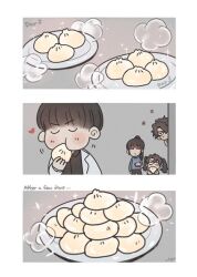 Rule 34 | 1girl, 3boys, black hair, black shirt, blush, brother and sister, closed eyes, collared shirt, comic, commentary, dumpling, eating, english commentary, english text, food, grey background, heart, holding, holding food, jacket, kim dokja, lee jihye, long sleeves, looking at another, mikoyuki, multiple boys, omniscient reader&#039;s viewpoint, peeking, peeking out, plate, shirt, short hair, siblings, simple background, sparkle, steam, white jacket, yoo joonghyuk