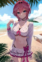 Rule 34 | 1girl, beach, beach umbrella, bikini, black hairband, blue eyes, blush, breasts, choker, cleavage, day, hair between eyes, hair wings, hairband, head wings, highres, hololive, jacket, large breasts, looking at viewer, multicolored hair, navel, ocean, official alternate costume, outdoors, panty straps, pink hair, sand, short hair, sky, smile, solo, swimsuit, takane lui, umbrella, virtual youtuber, water, wings, yamagamiamami