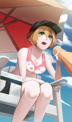 Rule 34 | 1girl, arm support, bikini, blonde hair, blue sky, blush stickers, breasts, cloud, commentary request, dante (takoyaki), fate/grand order, fate (series), food print, from below, gareth (fate), gareth (swimsuit saber) (fate), green eyes, hair between eyes, hat, highres, leaning forward, lifeguard chair, medium breasts, megaphone, open mouth, short hair, sky, solo, strawberry print, swimsuit, teeth, tongue, umbrella, upper teeth only