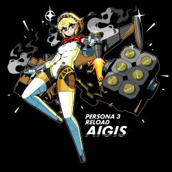 1girl absurdres aegis_(persona) blonde_hair english_text fire highres no_feet non-web_source persona persona_3 persona_3_reload robot robot_girl smoke