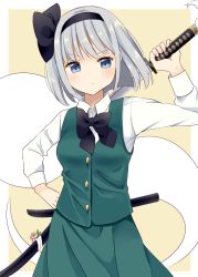 Rule 34 | 1girl, :/, black bow, black bowtie, black hairband, blue eyes, bow, bowtie, breasts, brown background, buttons, closed mouth, commentary request, cowboy shot, green skirt, green vest, hair bow, hairband, hand on own hip, hand up, highres, katana, konpaku youmu, konpaku youmu (ghost), looking at viewer, medium breasts, serious, sheath, short hair, silver hair, simple background, skirt, solo, standing, stigma1101, sword, touhou, unsheathing, v-shaped eyebrows, vest, weapon
