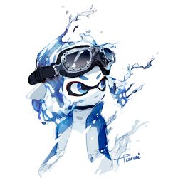Rule 34 | 1girl, blue eyes, blue hair, closed mouth, dissolving, goggles, goggles on head, inkling, inkling girl, inkling player character, looking away, nintendo, pointy ears, short hair, signature, simple background, solo, splatoon (series), splatoon 2, tarai (silica5), tentacle hair, upper body, water, white background