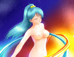 Rule 34 | 1girl, 2ch.ru, blue hair, blush, breasts, energy, closed eyes, highres, huyase, large hadron collider, lhc-tan, medium breasts, nipples, non-web source, nude, personification, ponytail, ru-chans, solo, star (symbol)