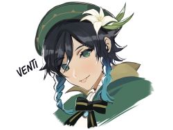 Rule 34 | 1boy, :p, androgynous, beret, black hair, blue hair, bow, braid, brooch, cape, character name, closed mouth, collared cape, collared shirt, english text, flower, gem, genshin impact, gradient hair, green eyes, green hat, hat, hat flower, highres, homilily, jewelry, leaf, looking at viewer, male focus, multicolored hair, ribbon, shirt, short hair with long locks, simple background, smile, solo, tongue, tongue out, twin braids, venti (genshin impact), white background, white flower, white shirt