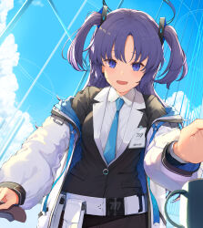 Rule 34 | 1girl, blue archive, blue eyes, blue necktie, blush, cloud, highres, jacket, long hair, long sleeves, looking at viewer, necktie, open clothes, open jacket, open mouth, piisu, purple hair, shirt, sky, smile, white shirt, yuuka (blue archive)