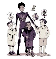 Rule 34 | 4boys, afro, aged down, arrow (symbol), bodysuit, child, clawed gauntlets, dark-skinned male, dark skin, dreadlocks, english text, frown, hair slicked back, holding hands, hugging another&#039;s leg, inset, jacket, jonathan ohnn, lab coat, male focus, marvel, miles g. morales, miles morales, mozu suka, multiple boys, prowler (marvel), smile, sparkle, sparkling eyes, spider-man: across the spider-verse, spider-man (2099), spider-man (series), spider-verse, spot (marvel), sweatdrop, thick eyebrows, two-tone bodysuit, undercut